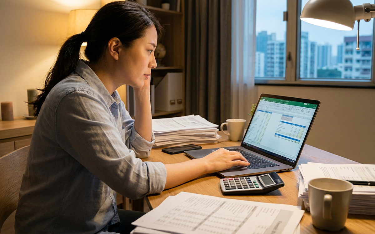 An accountant reviewing books on a laptop beside stacks of statements, representing month-end close automation