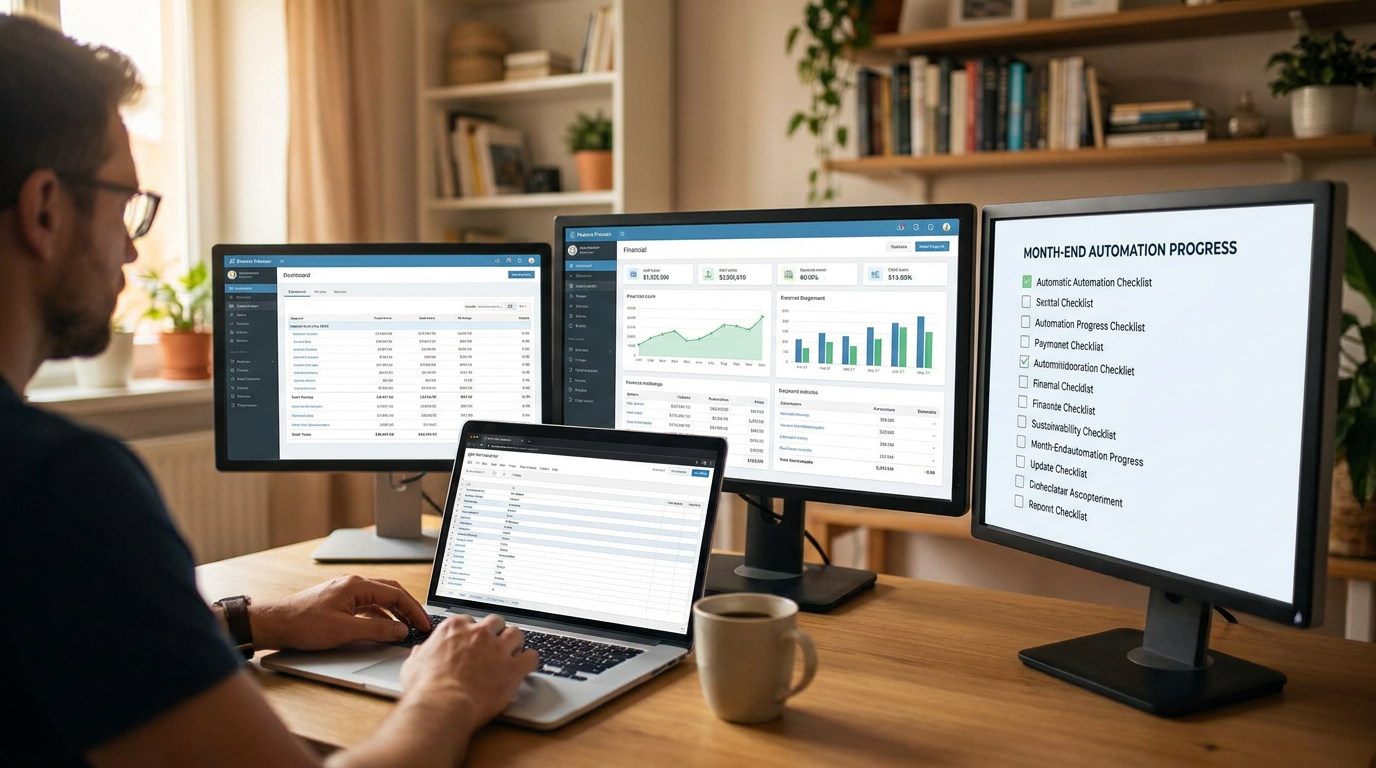 An accountant tracking month-end close progress across dual monitors, representing close management software