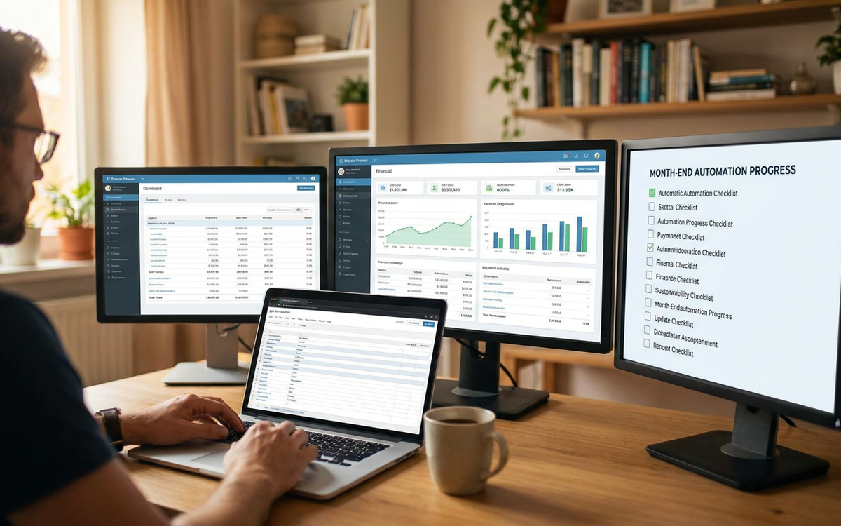 An accountant tracking month-end close progress across dual monitors, representing close management software