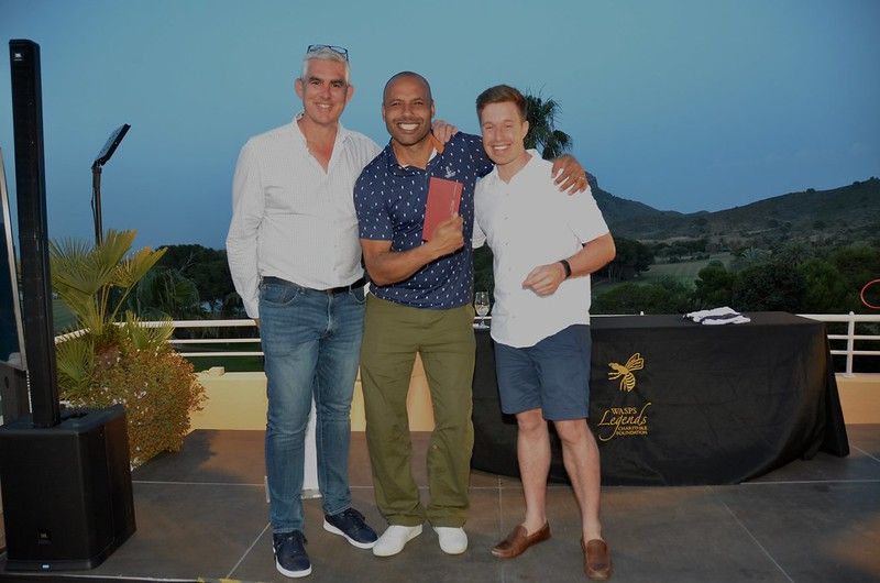 Leon Lloyd celebrates with Peter Scrivener at the Wasps Legends Rugby Golf Classic La Manga 2024