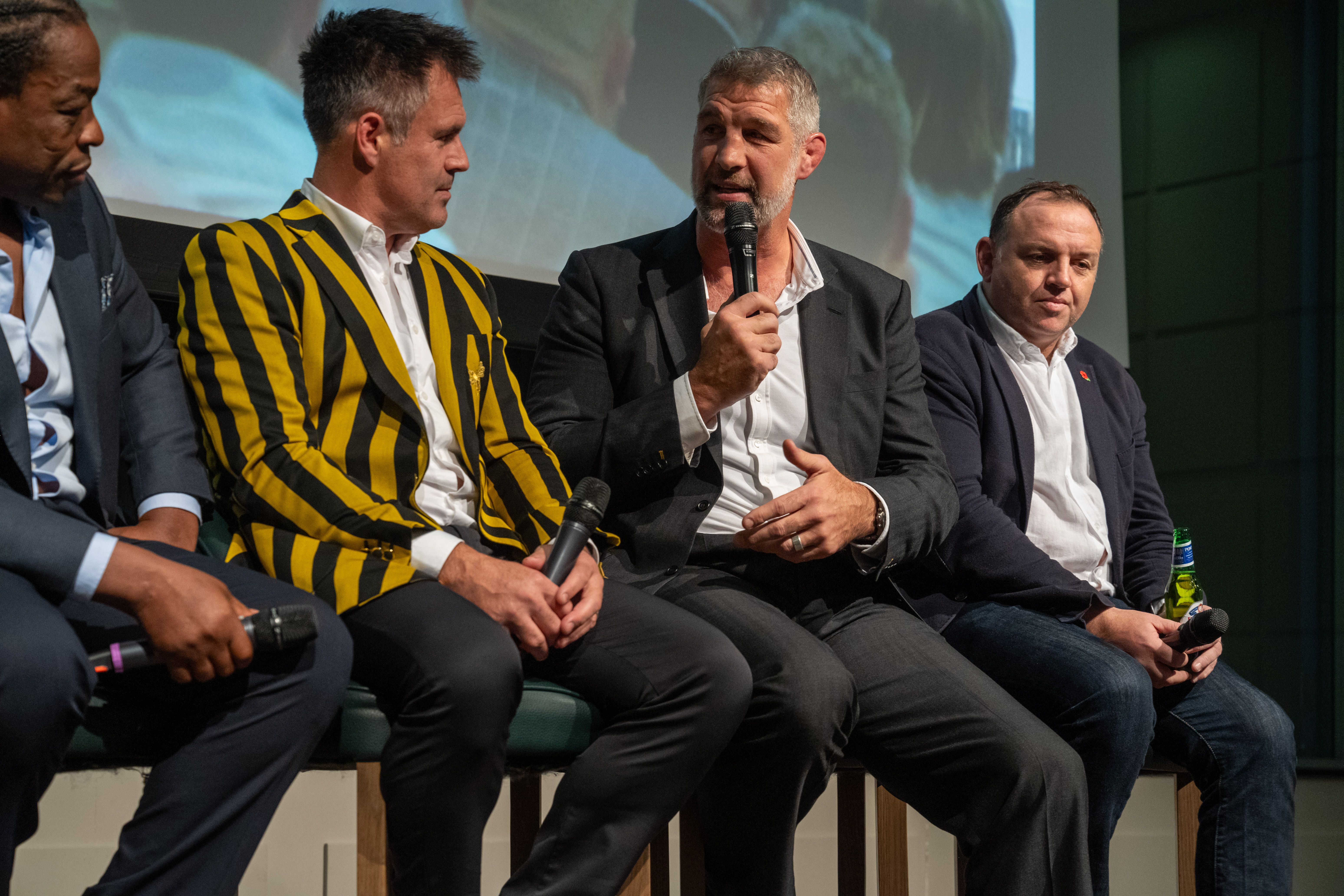 Serge Betsen, Kenny Logan, Simon Shaw MBE & Rob Henderson speaking at the Wasps Legends Long Lunch 2023