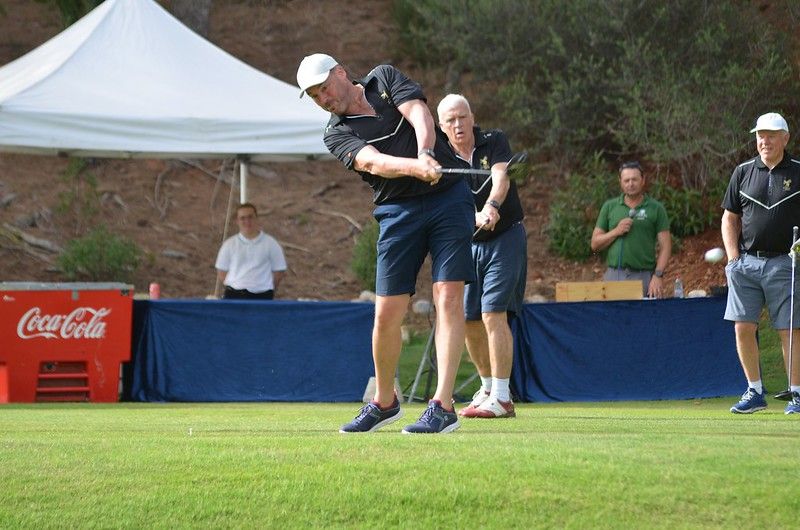 Golfer hits drive at the Wasps Legends Rugby Golf Classic