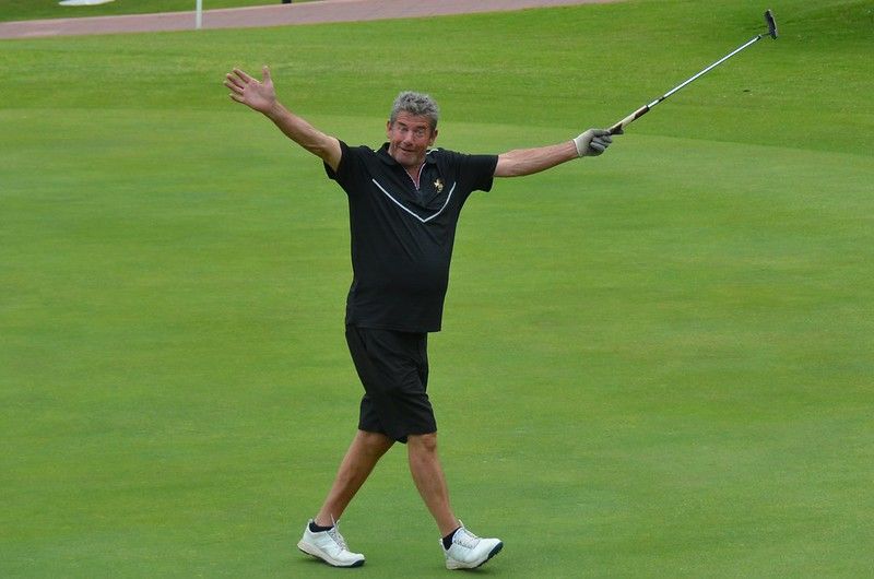 Golfer celebrates at the Wasps Legends Rugby Golf Classic La Manga 2024