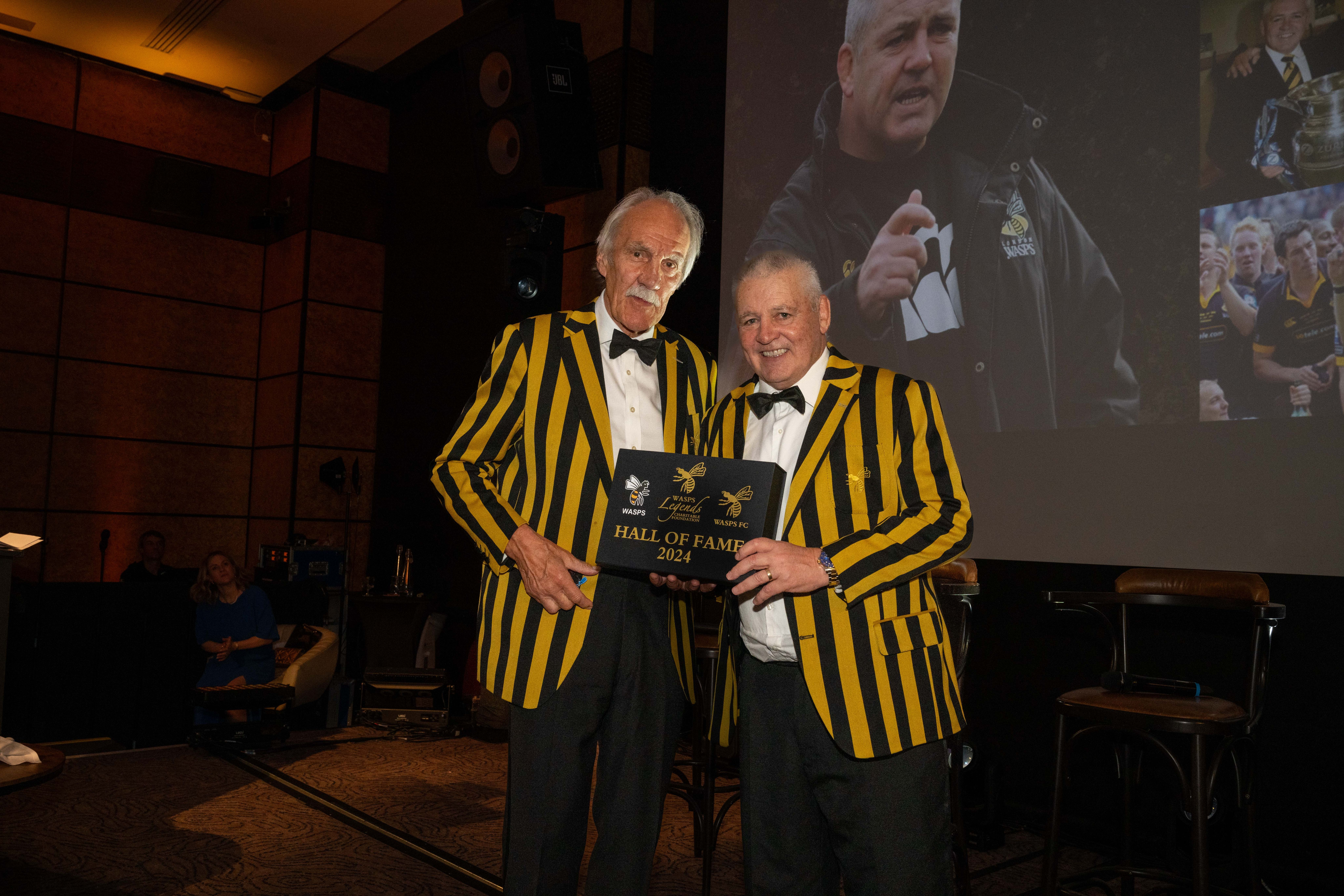 Roger Uttley OBE presents Warren Gatland with his Wasps Legends Hall of Fame cap