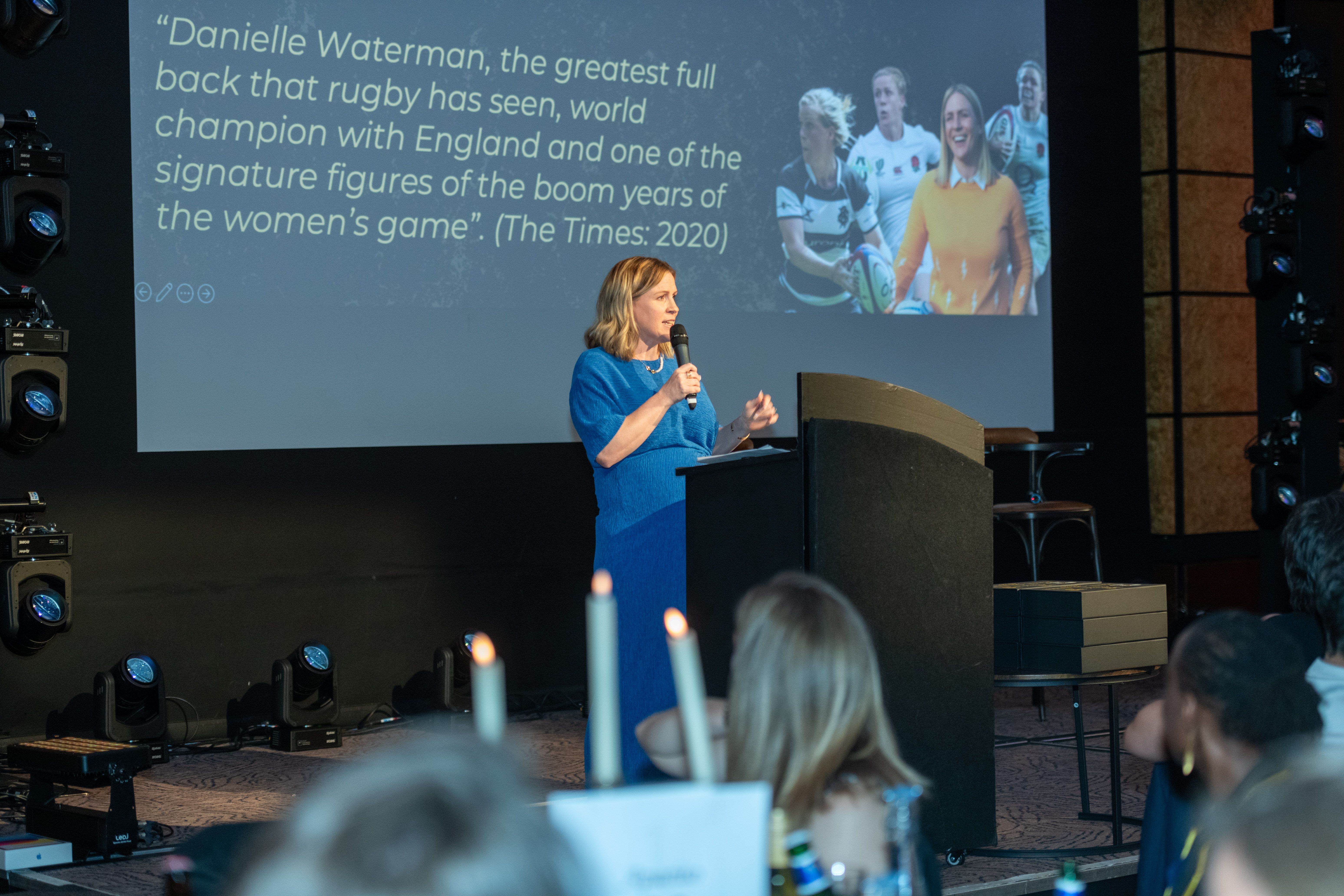 Danielle "Nolli" Waterman speaking at the Wasps Legends Hall of Fame Dinner 2024