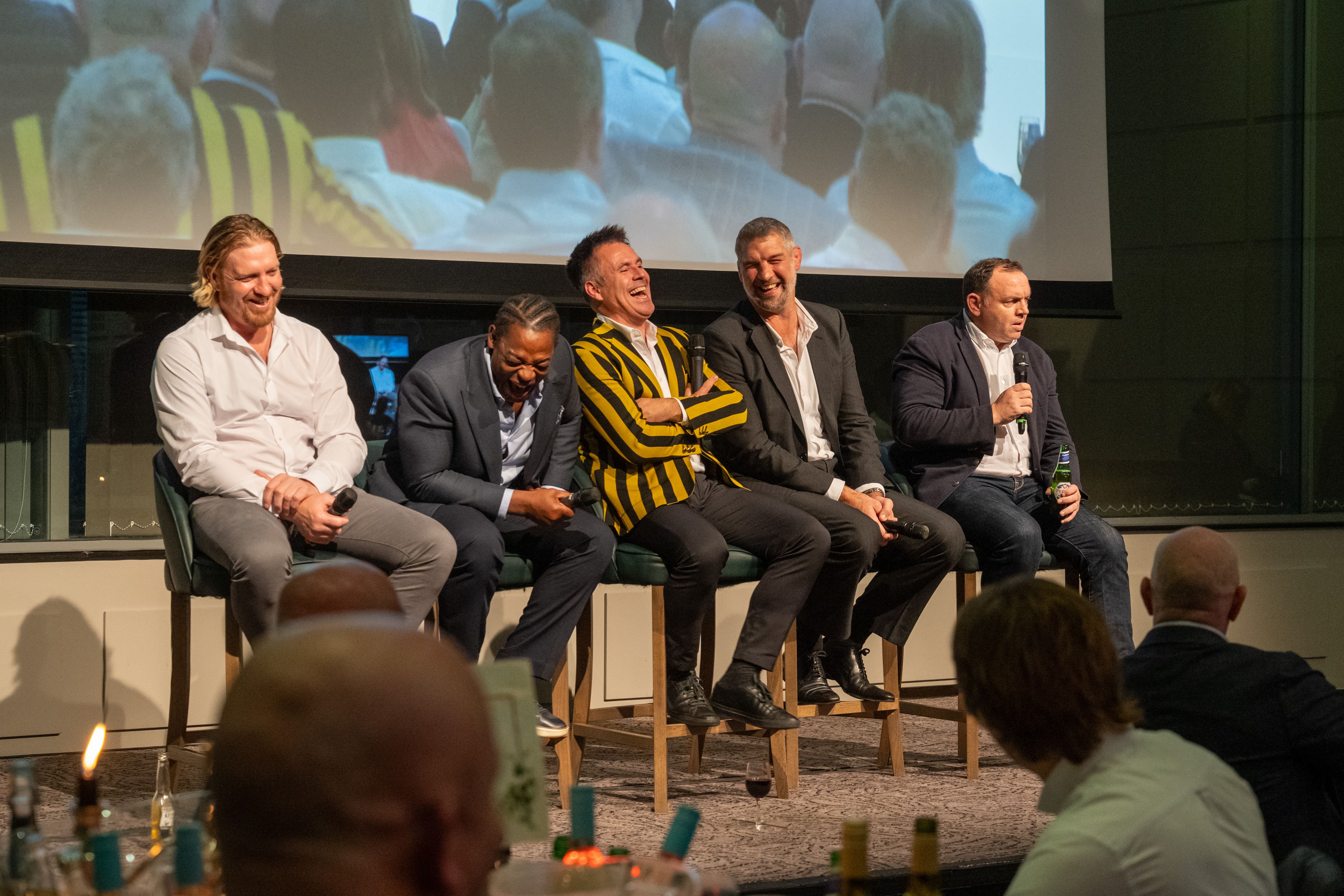 Andy Powell, Serge Betsen, Kenny Logan, Simon Shaw MBE & Rob Henderson speaking at the Wasps Legends Long Lunch 2023