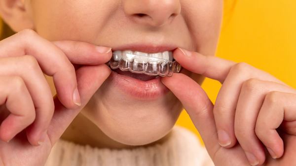 Person putting on invisible teeth aligner