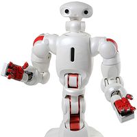 A friendly white humanoid on a wheeled mobile base. It has red accents, including four finger gripper hands on its two jointed arms. It's face and torso are simple, with two camera eyes on the head, and sensors in its chest.