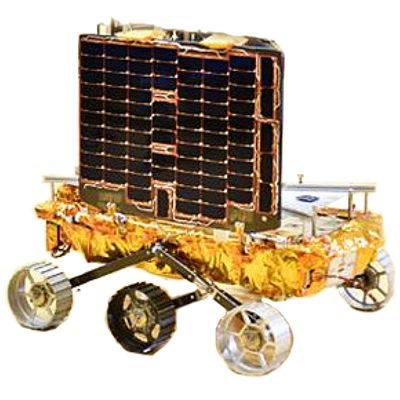 India's Pragyan is a gold rectangular rover with six wheels and a large square solar array standing vertically on top of it.