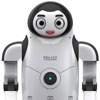 A cartoonish bipedal robot with the appearance of a female astronaut, in a white and black shell.
