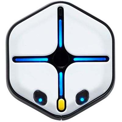 A squat white hexagon with a black circle, glowing blue lines, yellow button nose and two blue glowing eyes.