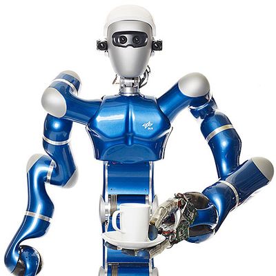 A shiny blue and silver humanoid holds a white teacup on a plate.