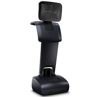 A black telepresence robot on a mobile base with a display on top.