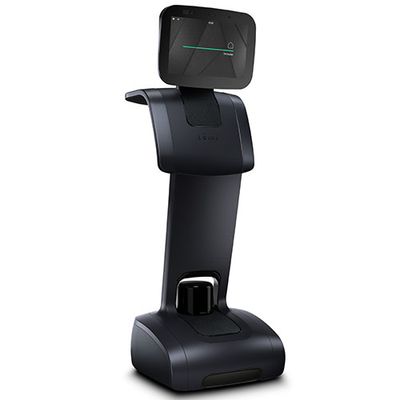 A black telepresence robot on a mobile base with a display on top.