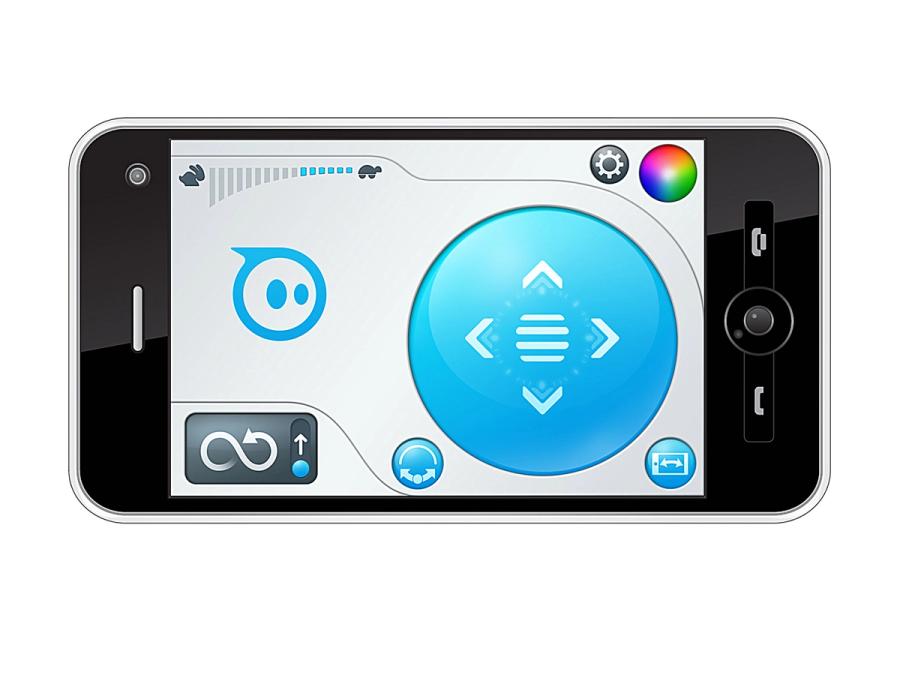 A smartphone with the Sphero app's controls for movement a a prism of color.
