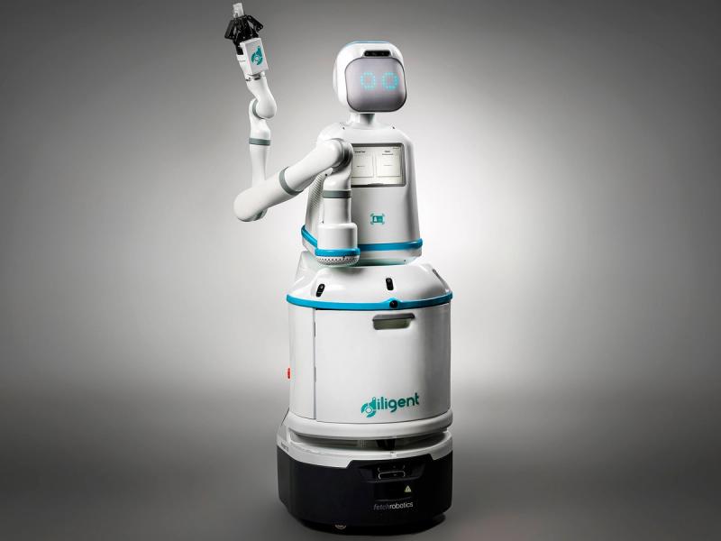 A white mobile robot with glowing circular shaped eyes shows off its white two finger gripper.
