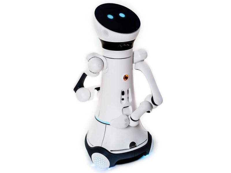 A robot with a black circular head with two glowing blue eyes, and two white hands on a wheeled base.
