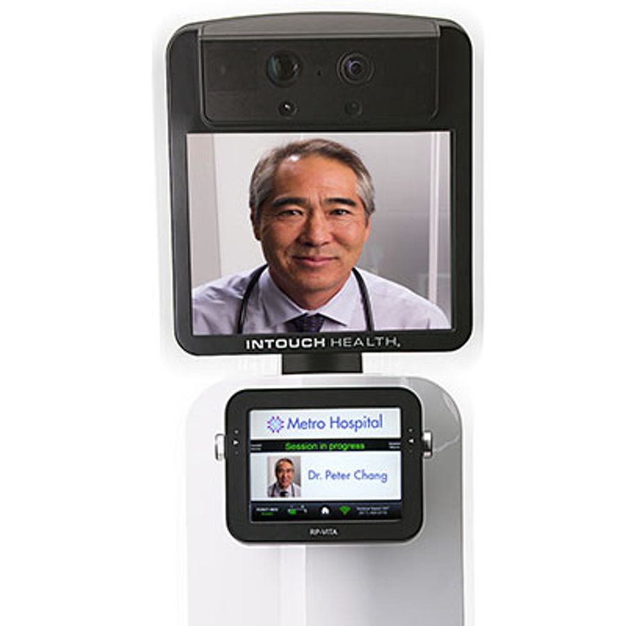 A doctor is pictured on the screen of a telepresence robot.
