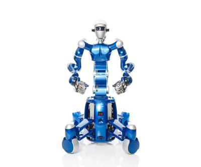 A shiny blue and silver humanoid with two long arms with silver hands and a four wheeled mobile base spins, raising one of its hands up as it turns.