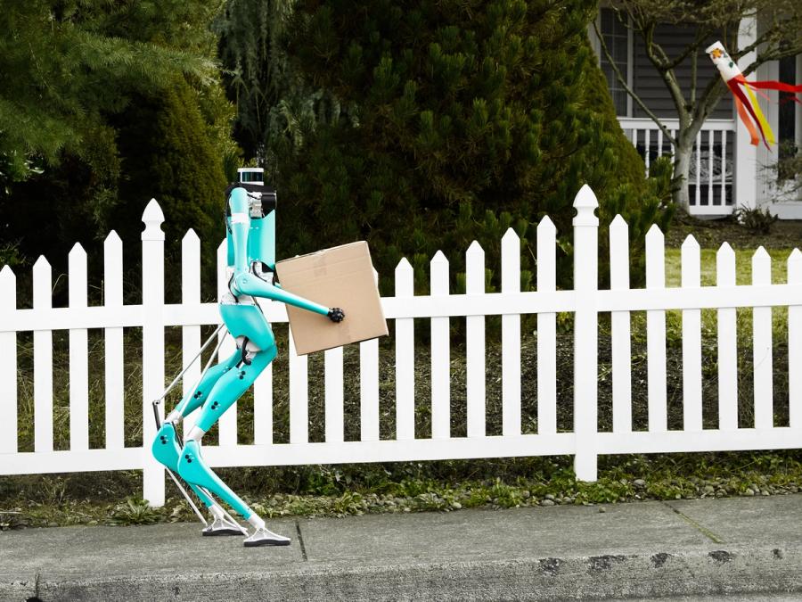 A lanky bi-pedal humanoid walks on a suburban sidewalk while carrying a package.