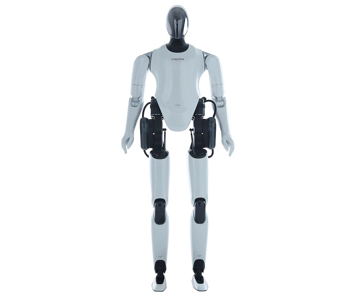 A 360° spinning view of a white and black bipedal humanoid robot with a helmeted face.