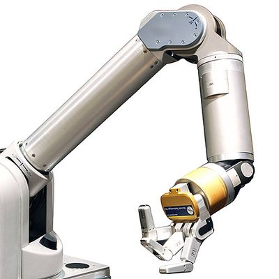 An articulated robot arm pointing down with a gold wrist attached to three fingers, bent and fanned out against a white background.
