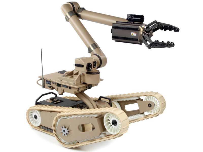 A beige wheeled robot with tank-like treads with a bent articulated arm featuring a strong black gripper hand.