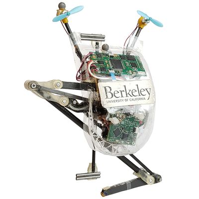 A small, 31cm tall one-legged robot with a transparent body packed with electronics and two small blue propellers on dual poles protruding from its shell. It's leg is bent at a hinge, and it has a stand on the opposite side so that it can balance seated.