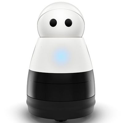 A simple mobile robot with a black wheeled bottom, white middle, and white head with two black circles for eyes. A blue light glows on its chest.