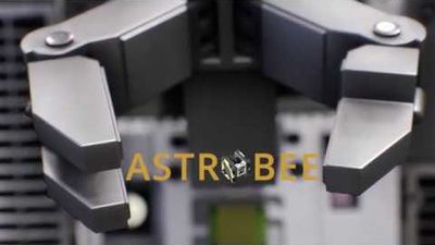 A 3D computer rendered metal robotic gripper closes its fingers on the word ASTROBEE.