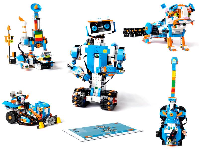 Lego bricks in five configurations including a humanoid, guitar, cat and more.