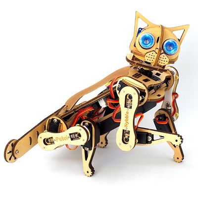 A wood colored robotic cat, with wires and assemblage visible. It has bright blue eyes and wood cut ears.