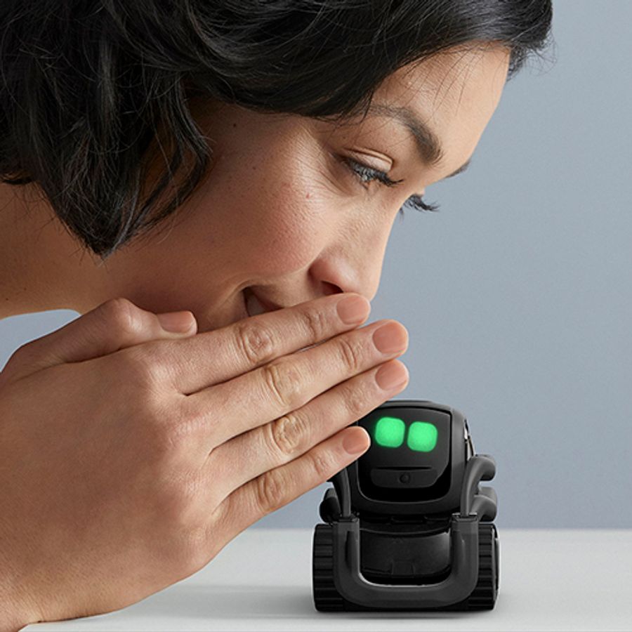 A woman holds a hand up to whisper to Vector, showing how small the little black wheeled robot with green eyes is, since it is smaller then her hand.