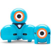 Two blue robots with the appearance of having a circular head with one big eye. One is larger and three wheeled, and the other is smaller and spherical. 