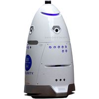 A white, rocket shaped rolling robot with purple lights.