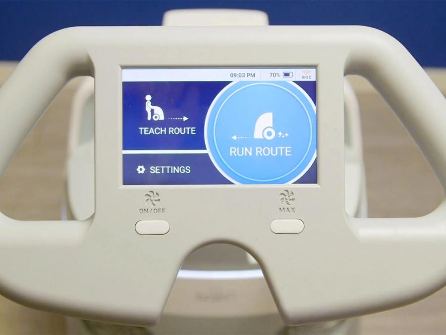 Close-up of robotic screen that reads “Teach Route”, “Run Route” and “Settings”