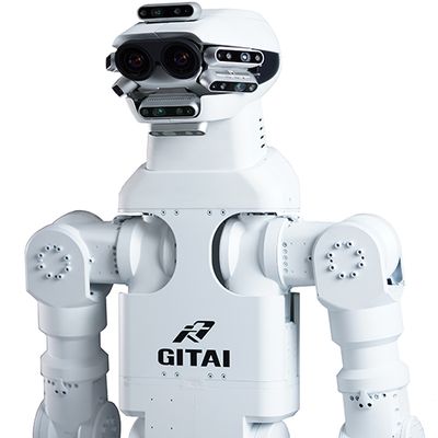 A shiny white humanoid torso with two industrial arms, and a head composed of many horizontal strips with sensors, as well as two larger eyes with cameras.