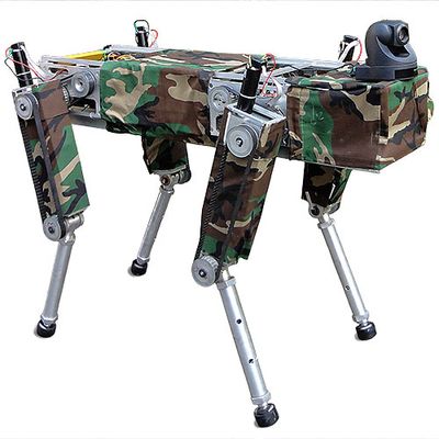 A quadruped robot with a rectangular body and four legs has a black camera sitting on top, and is covered in camouflage fabric.