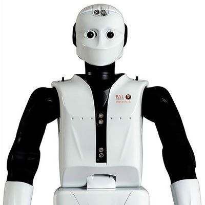 A shiny white robot with a simple face involving two eyes, and two sensors in its forehead. It's torso has the appearance of it wearing a black shirt and white vest.