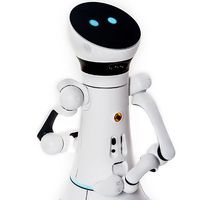 A robot with a black circular head with two glowing blue eyes, and two white hands.