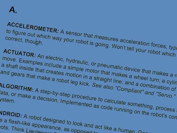 显示以A术语开头的机器人技术词汇表打印输出的页面。