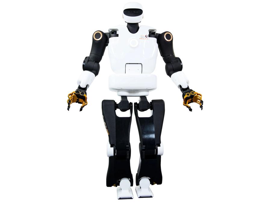 A bipedal humanoid with a shiny white torso, white and black helmeted head, two jointed arms with copper colored gripper hands, two wide black legs and white feet.