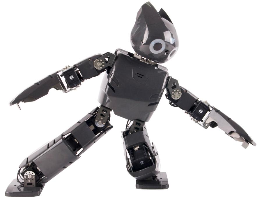 A black humanoid robot with cat-like ears stands in a stretching yoga pose.