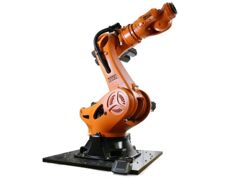 A black base holds a tremendously large orange industrial arm which is 237.1 cm high and weighs 4,690 kg.