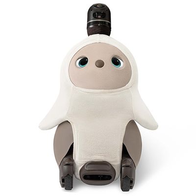 A small blue eyed robot with two wheels, a soft white bodice, and a camera with sensors sticking out of it's head.