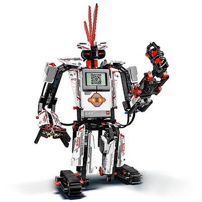 Lego bricks, combined with a programmable power brick, motors, and sensors, form a humanoid robot.