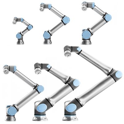 Six versions of progressively larger silver and blue jointed cobot robotic arms by Universal Robots.