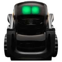 Vector is a simple, compact, black wheeled robot smaller then the palm of a hand with two glowing green eyes.