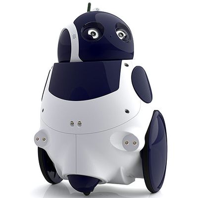 A simple blue and white robot with two wheels, a simple wide torso and a rounded head with two eyes.
