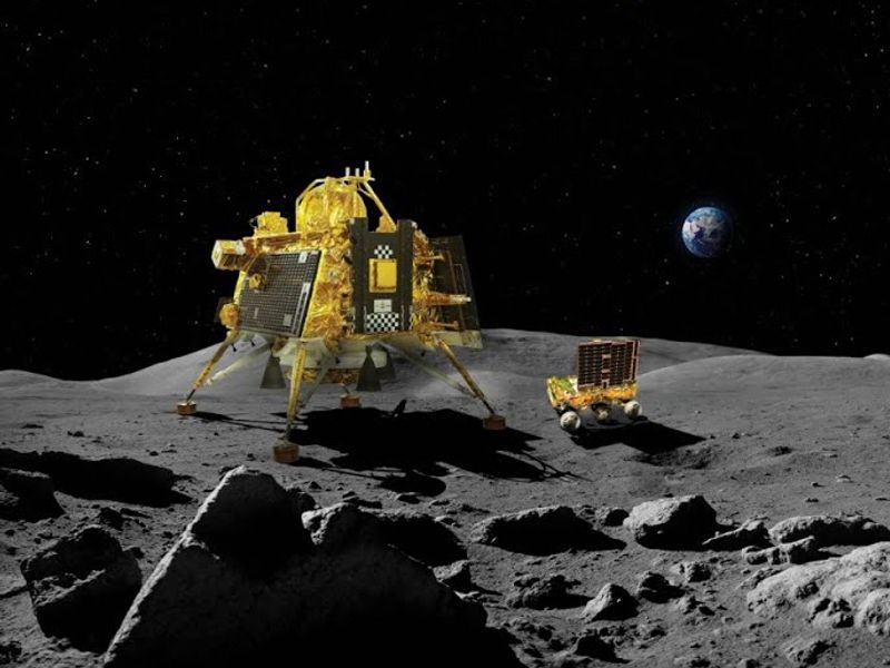 A computer-generated image showing the Vikram lander and the Pragyan rover on the moon.